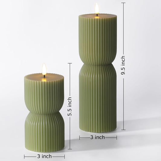 Olive Green Ribbed Flameless Pillar Candles with Remote Set of 2