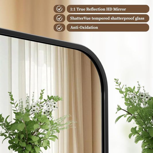 BEAUTYPEAK 24" x 36" Rectangular Aluminum Alloy Frame Wall Mounted Bathroom Mirror with Rounded Corners, Black