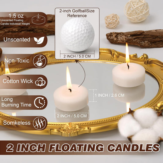Floating Candles 2-Inch - 12 Pack White Unscented Floating Candles Smokeless Slow Burning Water Candle Set for Centerpieces Wedding Party Gifts Home Decor