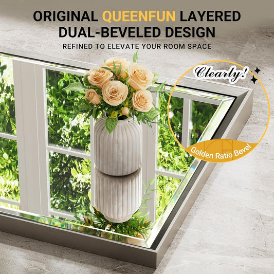 Brushed Nickel Bathroom Mirror, 24x32 Inch Beveled Framed Bathroom Mirror Anti-Rust, Brushed Nickel Metal Frame Bathroom Vanity Mirror for Wall, Vertical/Horizontal Wall-Mounted Mirrors
