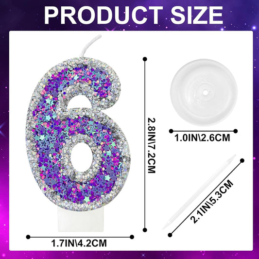 K-pop Number 6 Birthday Candle, Star Glitter Filled Number Candle, Purple Silver Fantasy Cake Topper for Birthday Party Decoration