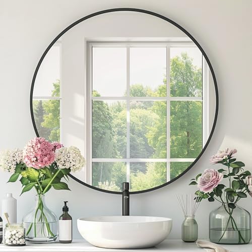 Round Black Mirror 30 Inch, Matte Black Frame, Large Circle Mirror