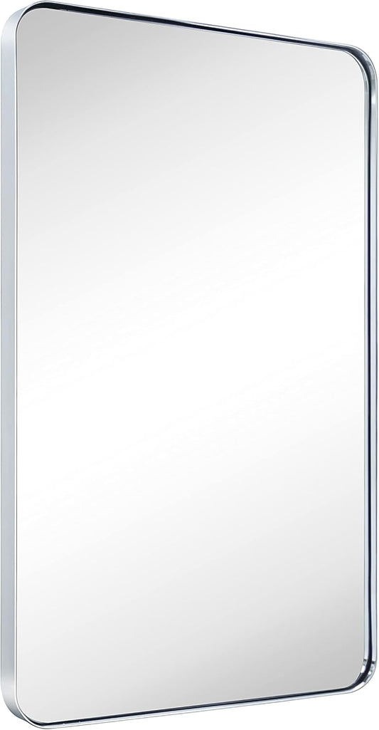 GRACTO 24x36'' Chrome Metal Framed Bathroom Mirror for Wall in Stainless Steel Rounded Rectangular Bathroom Vanity Mirrors Wall Mounted