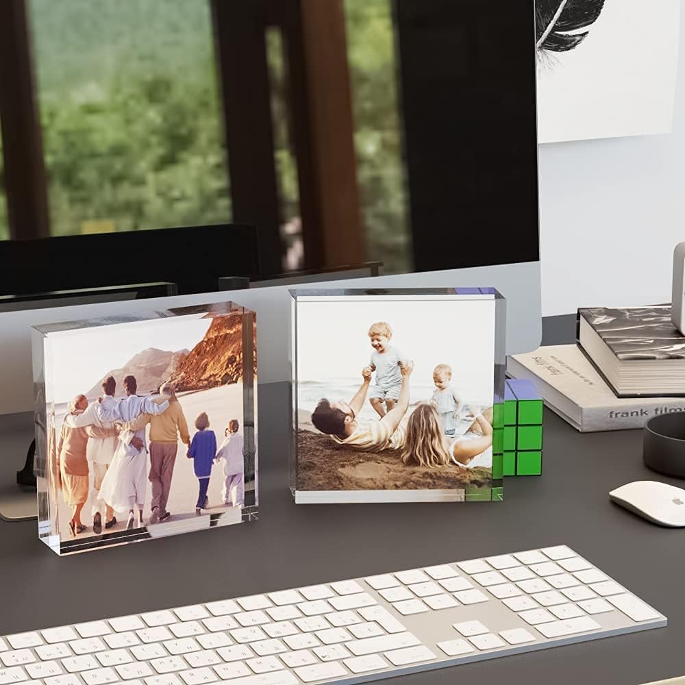 HELPLEX 5 Pack 4x4 Acrylic Picture Frames, 20mm Thicker Frameless Clear Frame Double Sided Magnetic Frame, Free Standing Desktop Display Stand Acrylic Frames