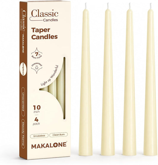 Ivory Taper Candles 10 Inch, 4 Pack Dripless Unscented Candle Sticks, 7 H