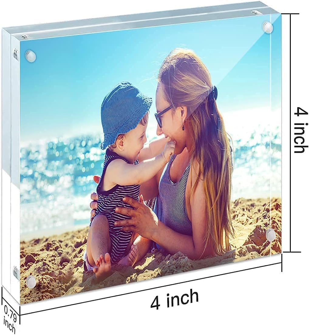 HELPLEX 5 Pack 4x4 Acrylic Picture Frames, 20mm Thicker Frameless Clear Frame Double Sided Magnetic Frame, Free Standing Desktop Display Stand Acrylic Frames