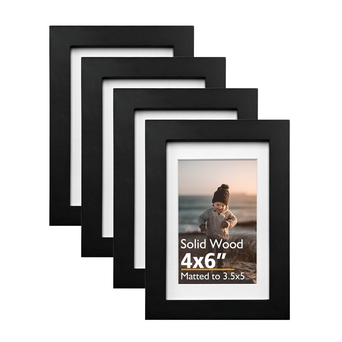KINLINK 4x6 Frame Black, Solid Wood 4 x 6 Picture Frame with Acrylic Plexiglass for 3.5x5 with Mat, Tabletop and Wall Display Photo Frames 4x6 Black, 4 Pack