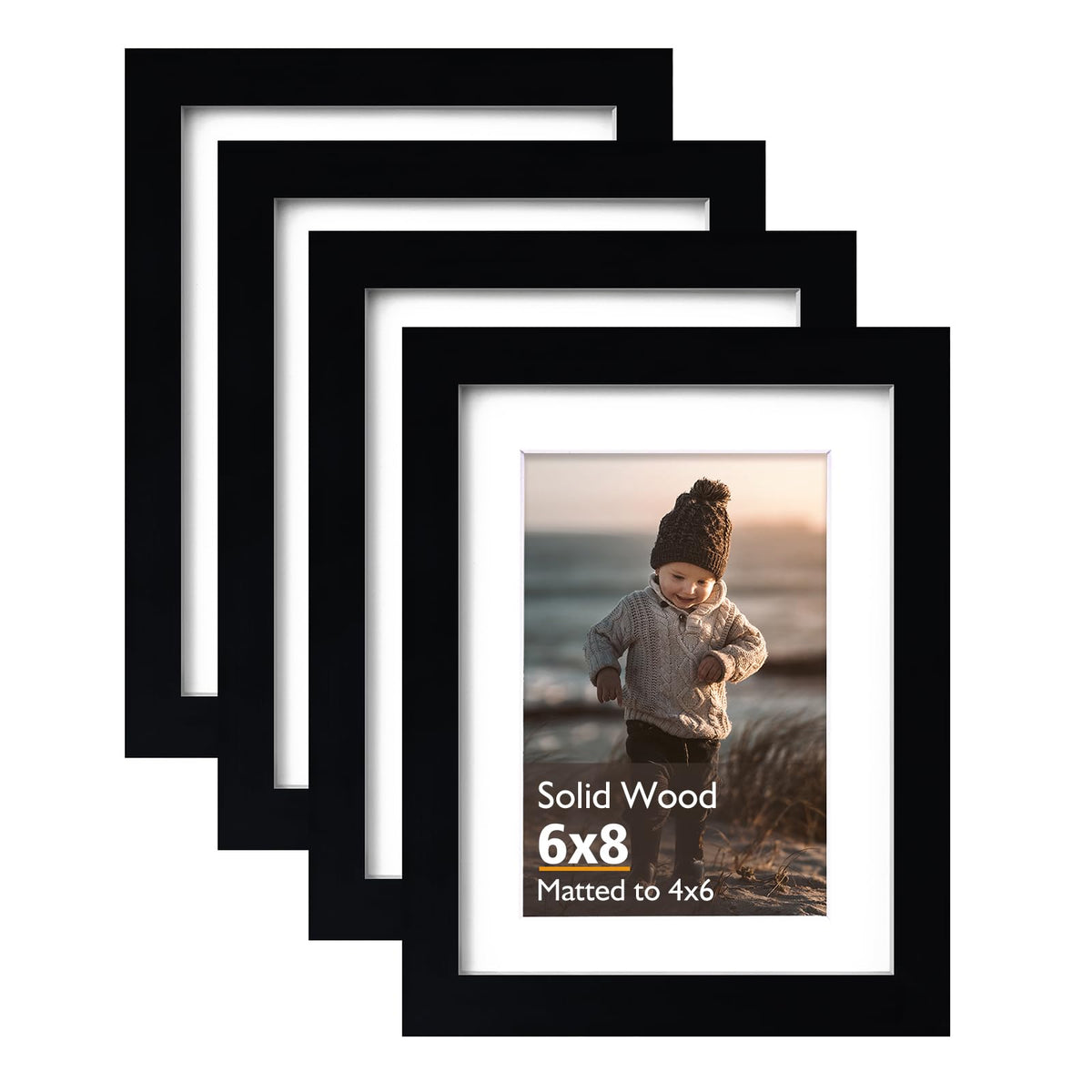 KINLINK 4x6 Frame Black, Solid Wood 4 x 6 Picture Frame with Acrylic Plexiglass for 3.5x5 with Mat, Tabletop and Wall Display Photo Frames 4x6 Black, 4 Pack