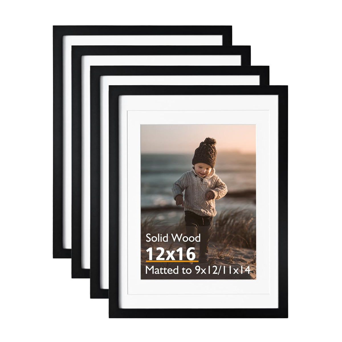 KINLINK 4x6 Frame Black, Solid Wood 4 x 6 Picture Frame with Acrylic Plexiglass for 3.5x5 with Mat, Tabletop and Wall Display Photo Frames 4x6 Black, 4 Pack