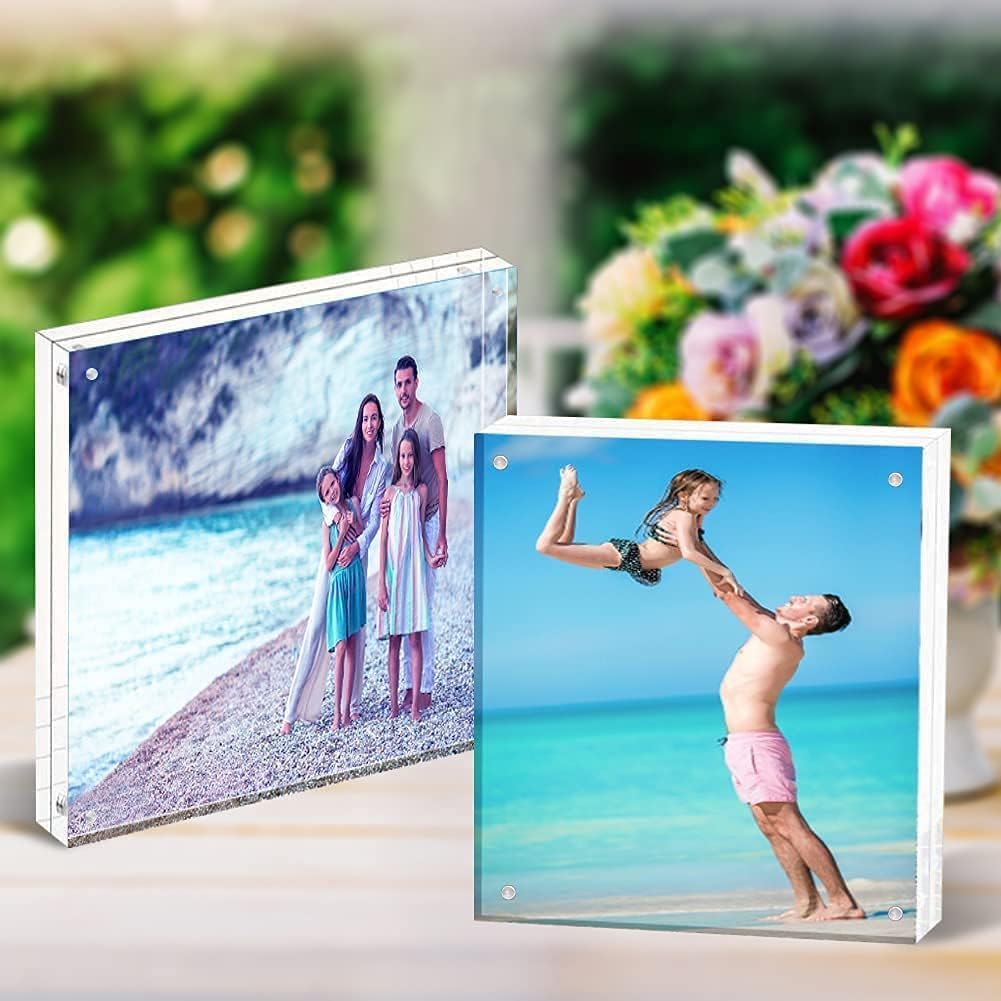 HELPLEX 5 Pack 4x4 Acrylic Picture Frames, 20mm Thicker Frameless Clear Frame Double Sided Magnetic Frame, Free Standing Desktop Display Stand Acrylic Frames