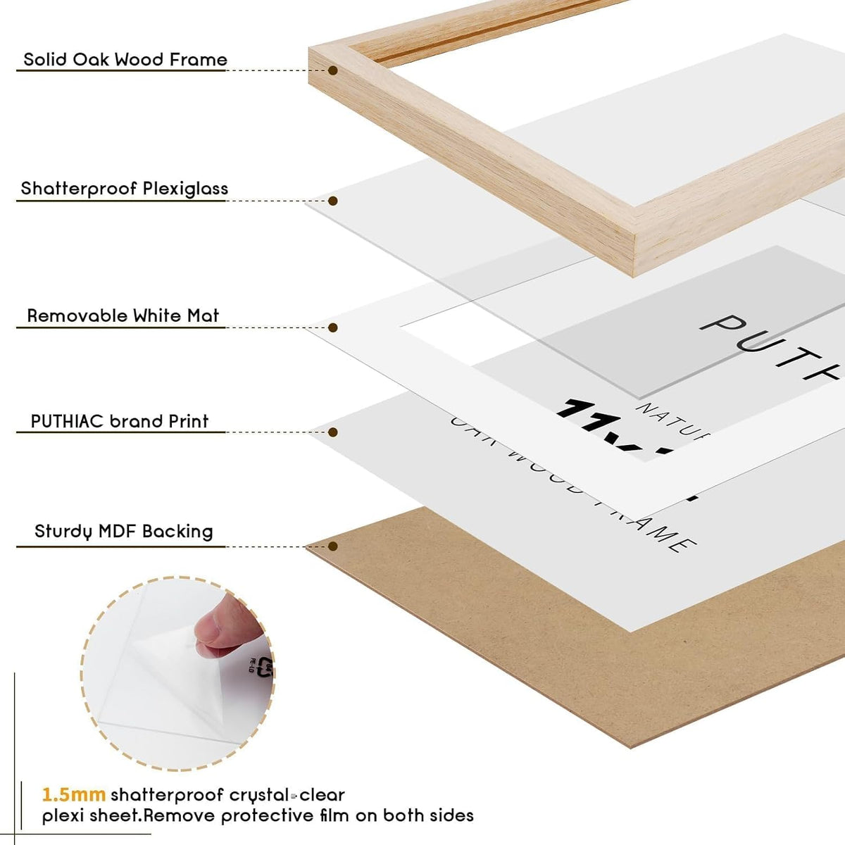 puthiac 11x14 Solid Oak Wood Picture Frame, Natural Oak, 1 Pack