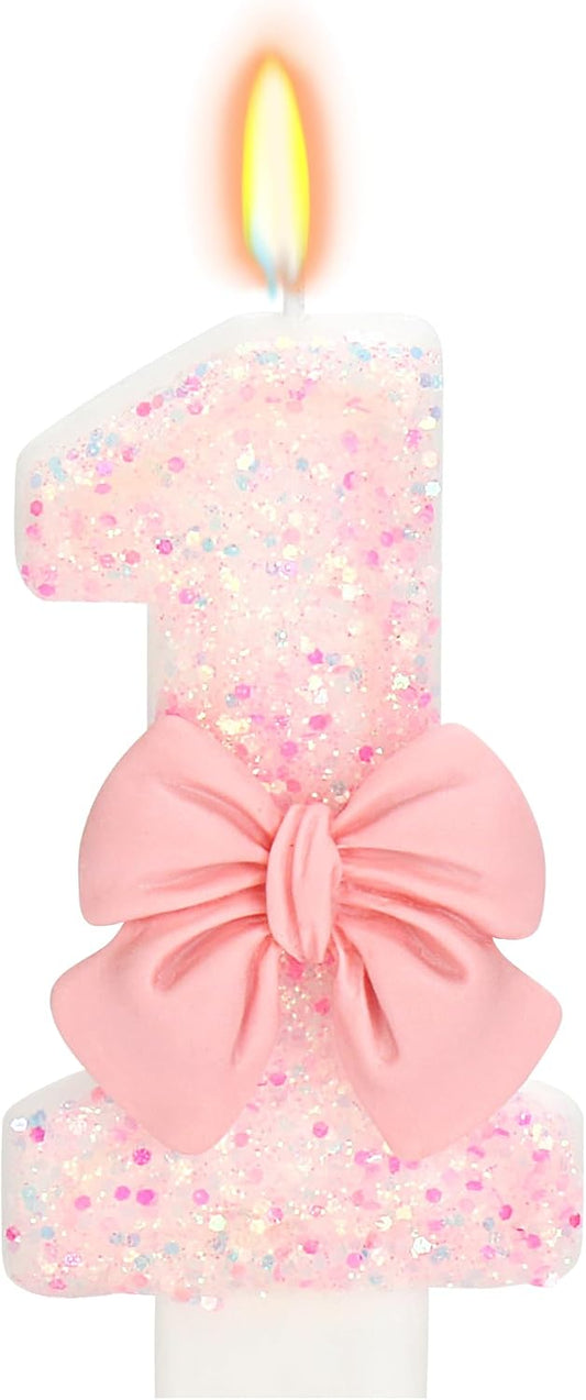Pink Bow Number 1 Birthday Candle 1st Birthday Decorations Girl