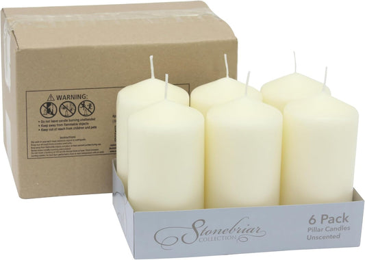 Stonebriar Unscented Pillar Candles – 65 Hour Burn Time, Long-Lasting Wax Candles for Weddings, Holidays, Home Décor & Special Events, Pack of 6, Ivory, 3" x 6"