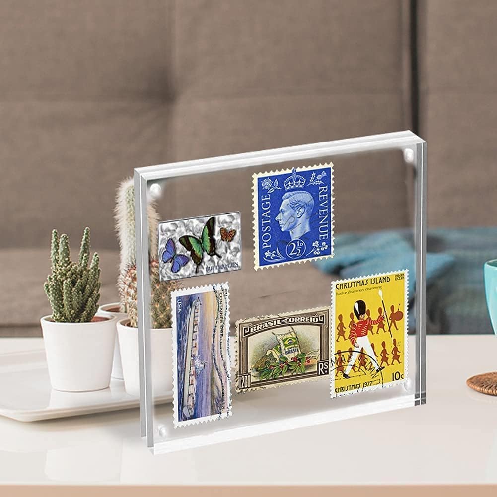 HELPLEX 5 Pack 4x4 Acrylic Picture Frames, 20mm Thicker Frameless Clear Frame Double Sided Magnetic Frame, Free Standing Desktop Display Stand Acrylic Frames