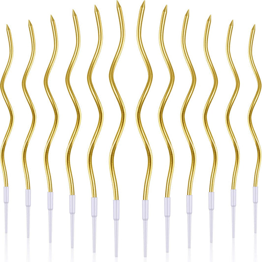 BBTO 12 Pcs Twisted Birthday Candles with Holders, Gold