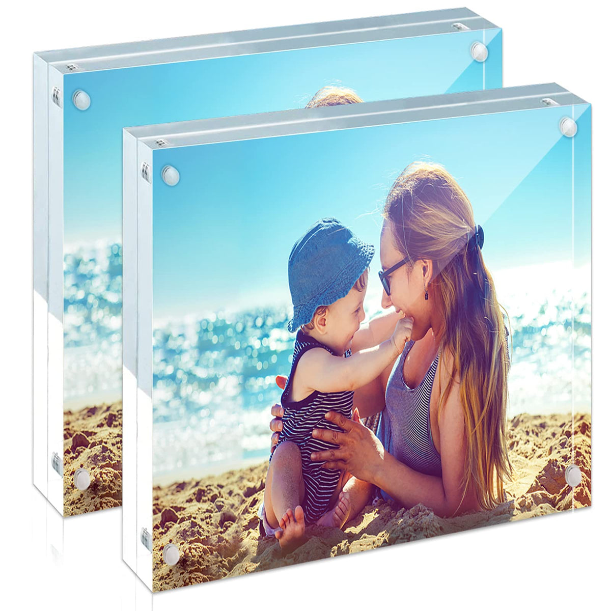 HELPLEX 5 Pack 4x4 Acrylic Picture Frames, 20mm Thicker Frameless Clear Frame Double Sided Magnetic Frame, Free Standing Desktop Display Stand Acrylic Frames