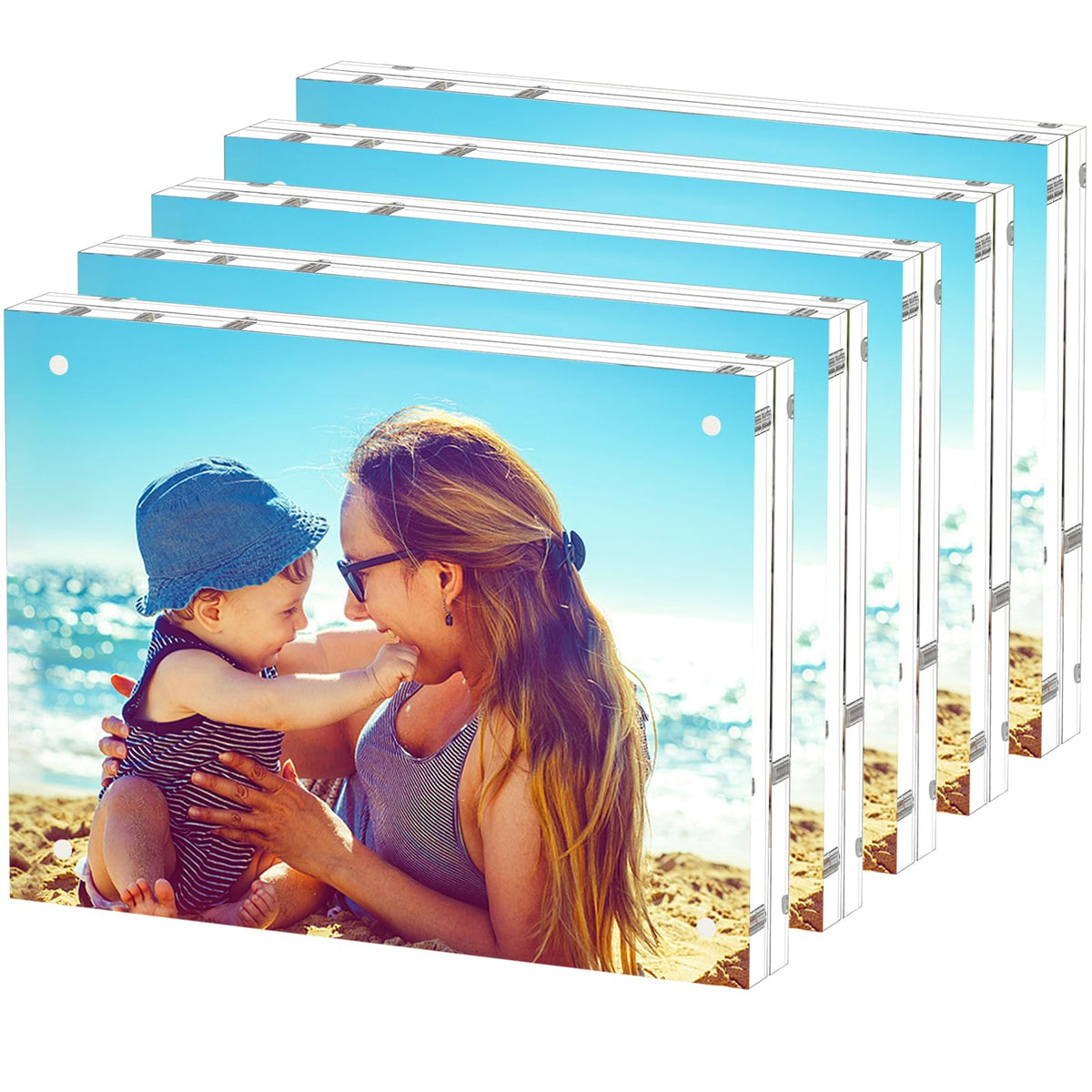 HELPLEX 5 Pack 4x4 Acrylic Picture Frames, 20mm Thicker Frameless Clear Frame Double Sided Magnetic Frame, Free Standing Desktop Display Stand Acrylic Frames