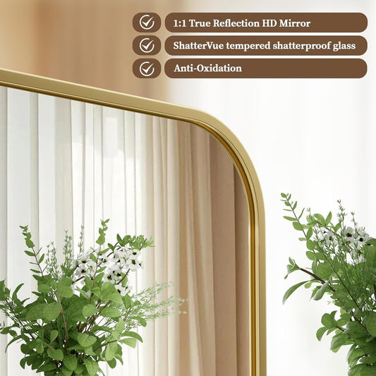BEAUTYPEAK 20" x 28" Rectangular Aluminum Alloy Frame Wall Mounted Bathroom Mirror with Rounded Corners, Gold