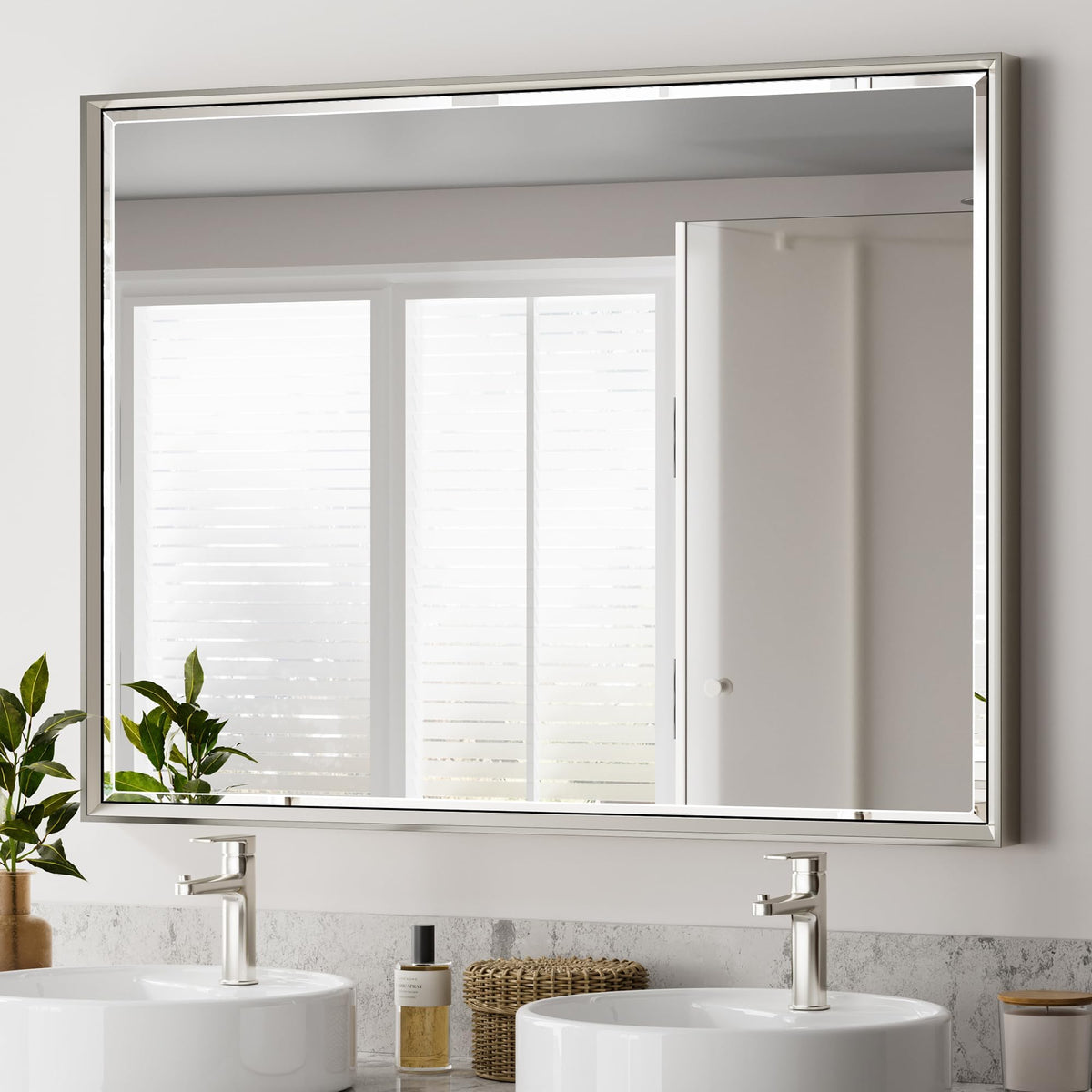 Brushed Nickel Bathroom Mirror, 24x32 Inch Beveled Framed Bathroom Mirror Anti-Rust, Brushed Nickel Metal Frame Bathroom Vanity Mirror for Wall, Vertical/Horizontal Wall-Mounted Mirrors