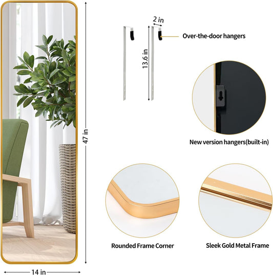 Giftgarden 47"x14" Gold Full Length Mirror Aluminum Framed, Modern Long Wall Mirror Tall Full-Body, Wall Mounted or Over The Door Hanging for Bedroom Closet Bathroom, Golden