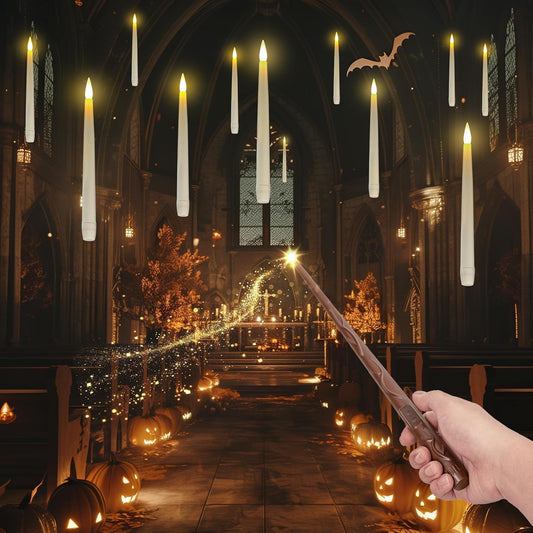 Homemory 10PCS Floating Candles with Wand Remote, Magic Hanging Candles with String, Flickering Warm Light Halloween Floating Candles for Halloween Christmas Birthday Party Decor