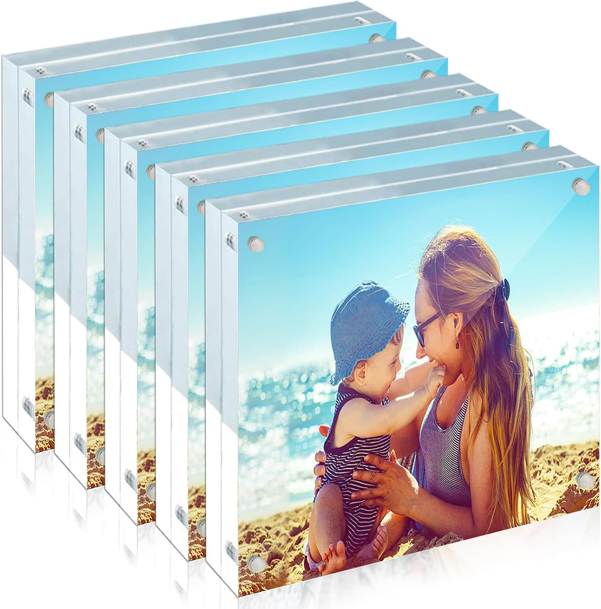 HELPLEX 5 Pack 4x4 Acrylic Picture Frames, 20mm Thicker Frameless Clear Frame Double Sided Magnetic Frame, Free Standing Desktop Display Stand Acrylic Frames