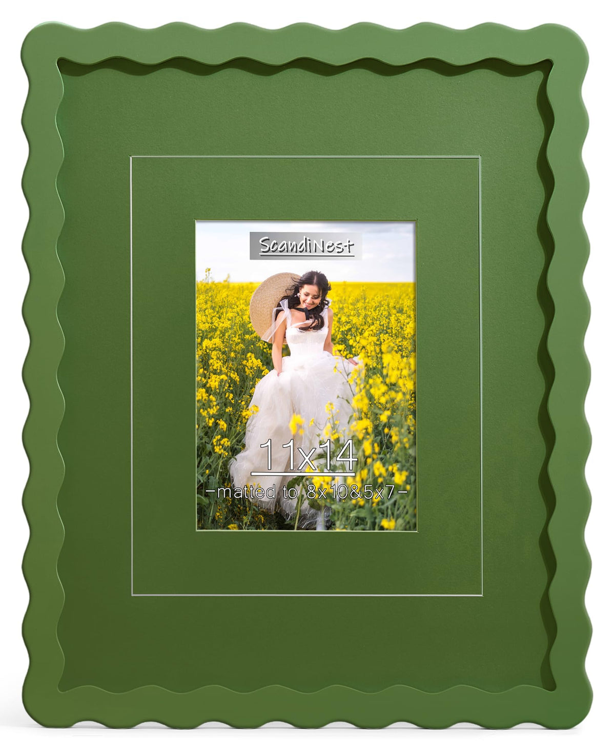 Scalloped 8x10 Picture Frame, Real Glass Wood Frame with Reversible Mat for 5x7/6x8 Prints, Wavy Edge for Wall or Tabletop, Decorative Photo Frame, Yellow