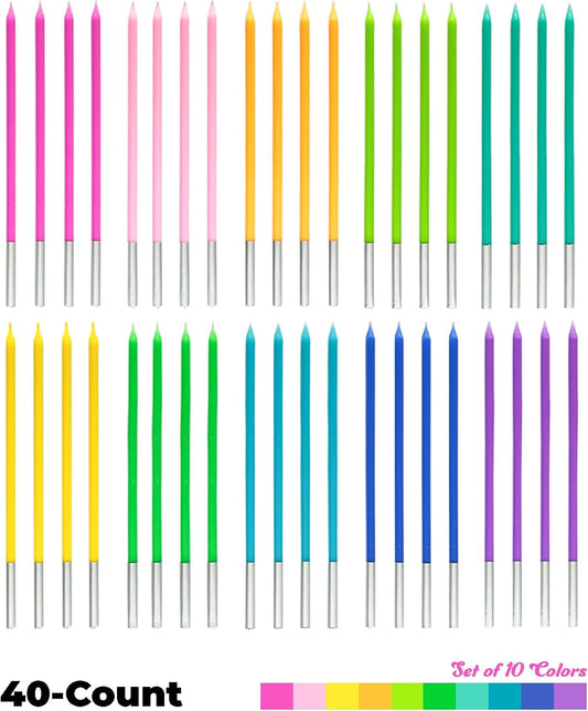 40-Count Rainbow Birthday Candles for Cake, 5.5” Tall Thin