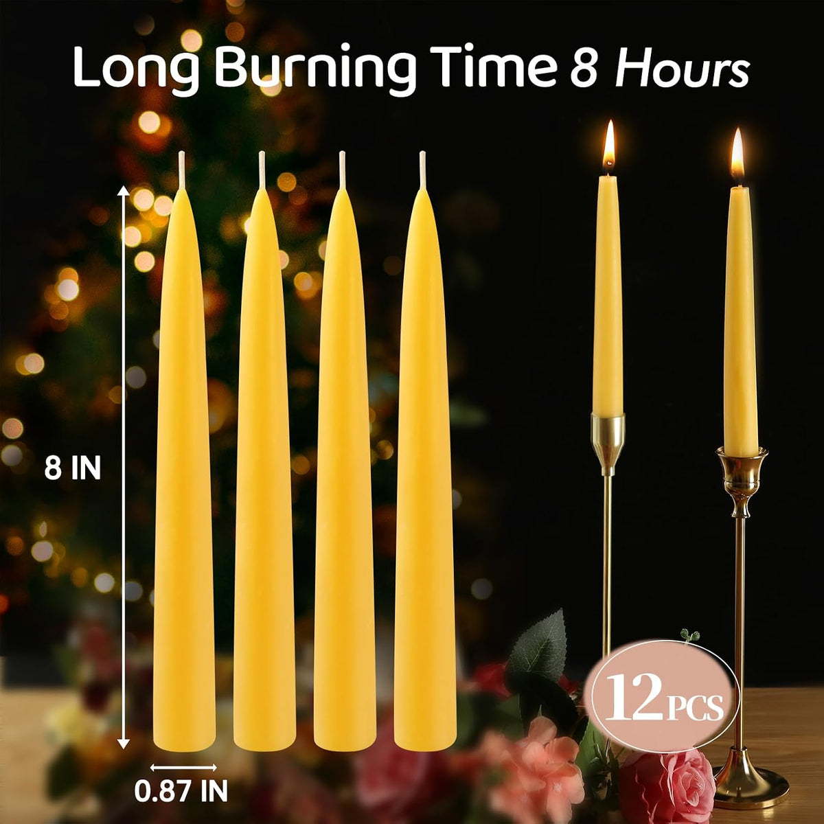 Beeswax Taper Candles,Pure Bees Wax Candle Sticks,8 Inch,12 Pack,Non-Toxic