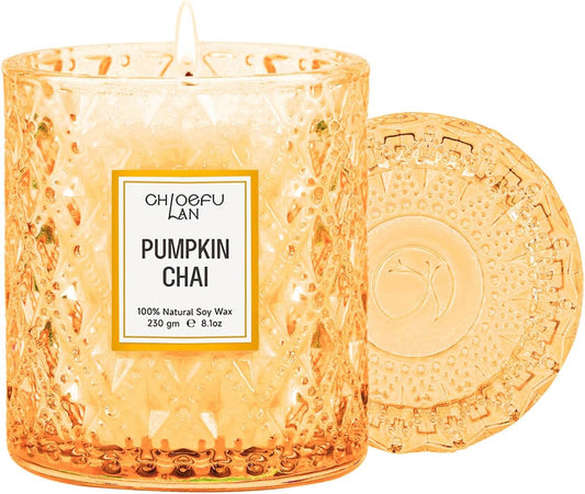 Chloefu LAN Pumpkin Chai Candles Halloween Candle Gift, Farmhouse Candles for Home, Luxury Scented Soy Jar Fall Candle with up to 55 Hour Long Lasting, Home Decor, Barn Fall Decor Pottery, 8.1oz