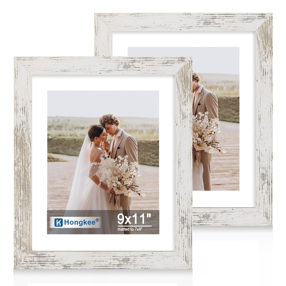 Hongkee 5x7 Picture Frame Set of 2, Made of Real Glass and Distressed White Wooden Frame - Display Pictures 4x6 with Mat or 5x7 Without Mat, 5 by 7 Photo Frame for Wall or Tabletop Display