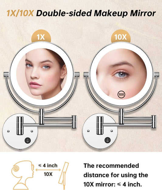 Gospire 8.5" Wall Mounted Lighted Double-Sided 1X/10X Magnifying Mirror