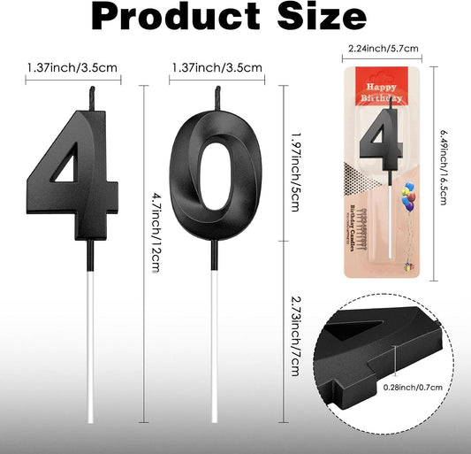 Black 40th Birthday Candles, Number 40 Candles, Happy Birthday Candle for Cake, 3D Designed Number Cake Toppers Decorations for 40th 40 Year Old Women Men Wedding Anniversary Parties Celebrations
