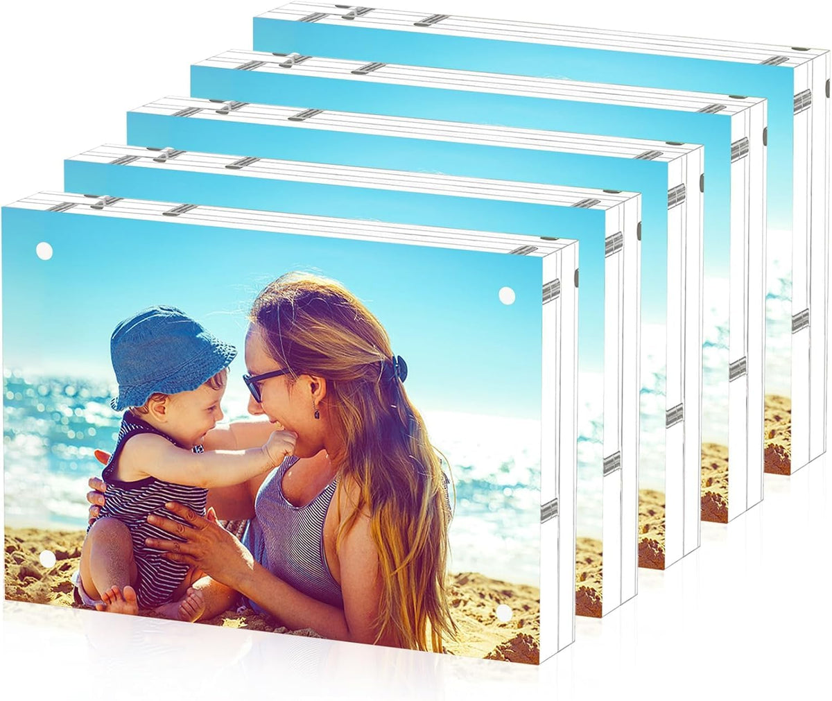 HELPLEX 5 Pack 4x4 Acrylic Picture Frames, 20mm Thicker Frameless Clear Frame Double Sided Magnetic Frame, Free Standing Desktop Display Stand Acrylic Frames