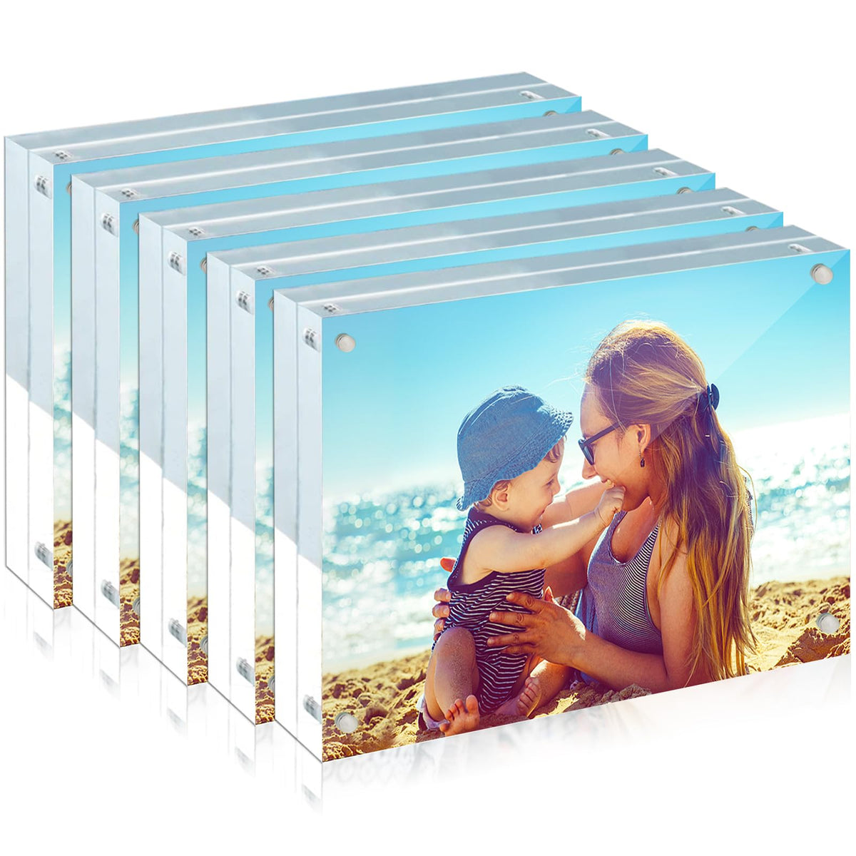HELPLEX 5 Pack 4x4 Acrylic Picture Frames, 20mm Thicker Frameless Clear Frame Double Sided Magnetic Frame, Free Standing Desktop Display Stand Acrylic Frames