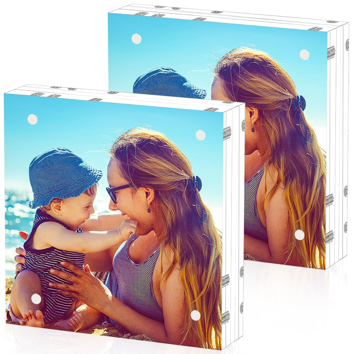 HELPLEX 5 Pack 4x4 Acrylic Picture Frames, 20mm Thicker Frameless Clear Frame Double Sided Magnetic Frame, Free Standing Desktop Display Stand Acrylic Frames