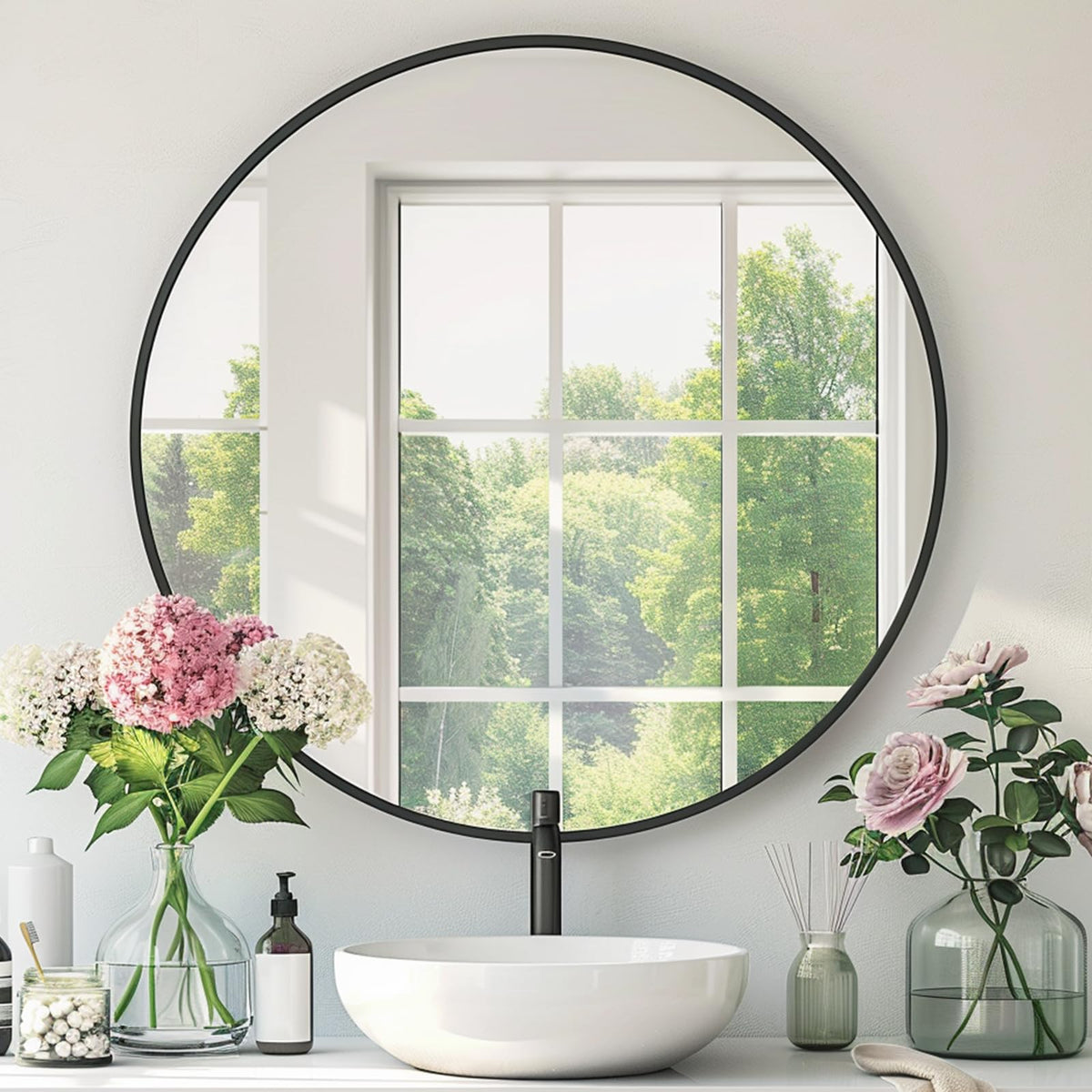 Round Black Mirror 30 Inch, Matte Black Frame, Large Circle Mirror