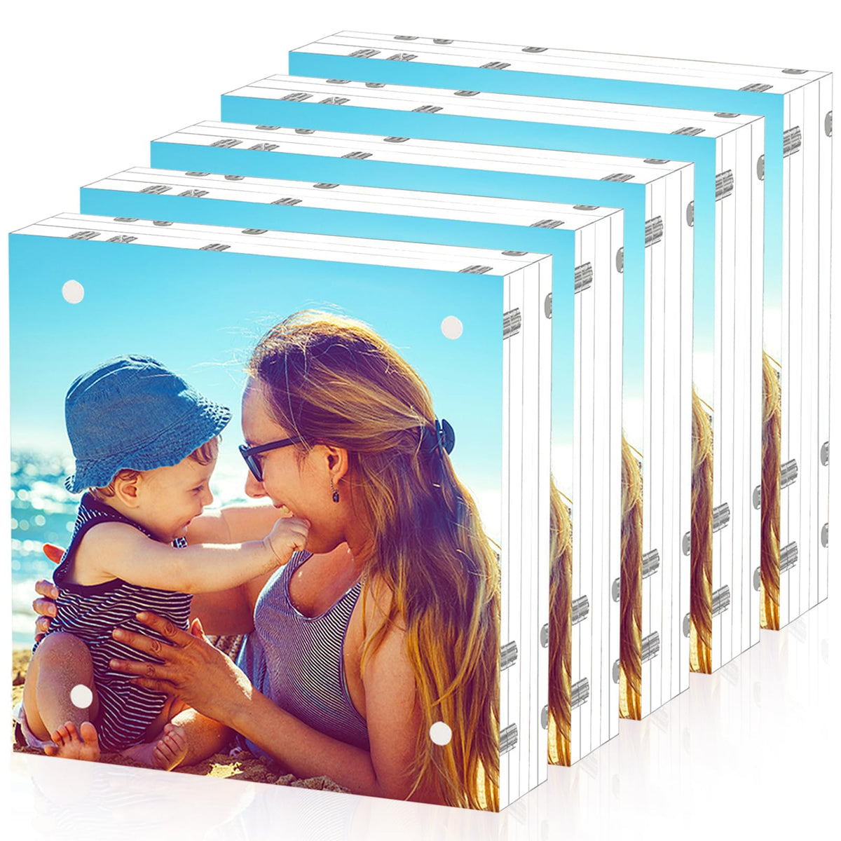 HELPLEX 5 Pack 4x4 Acrylic Picture Frames, 20mm Thicker Frameless Clear Frame Double Sided Magnetic Frame, Free Standing Desktop Display Stand Acrylic Frames