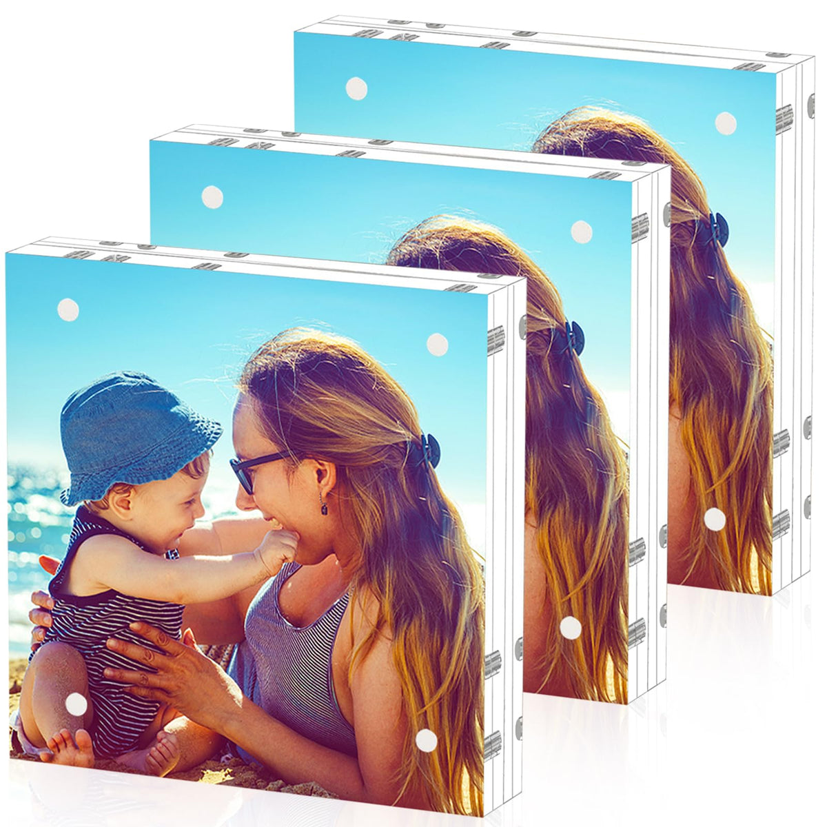 HELPLEX 5 Pack 4x4 Acrylic Picture Frames, 20mm Thicker Frameless Clear Frame Double Sided Magnetic Frame, Free Standing Desktop Display Stand Acrylic Frames