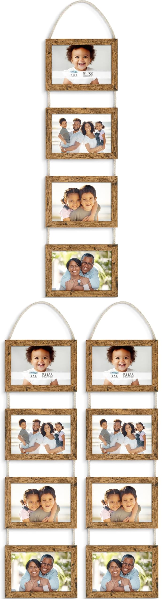 4x6 Wall Hanging Picture Frame 4 Opening Collage, Rustic Brown, Bliss