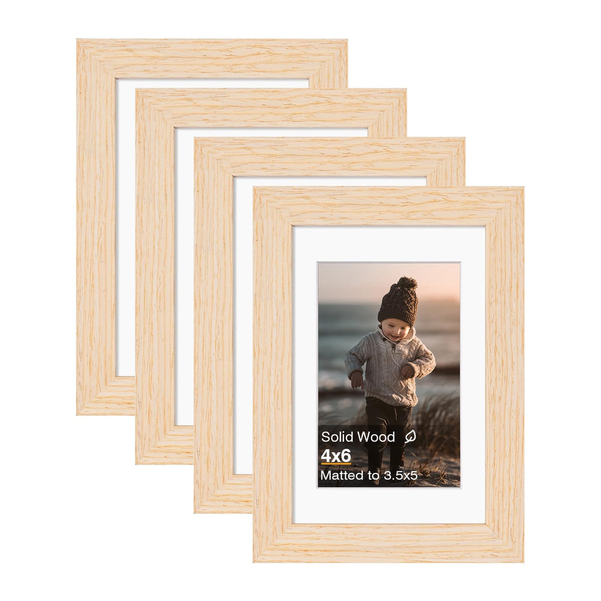 KINLINK 4x6 Frame Black, Solid Wood 4 x 6 Picture Frame with Acrylic Plexiglass for 3.5x5 with Mat, Tabletop and Wall Display Photo Frames 4x6 Black, 4 Pack