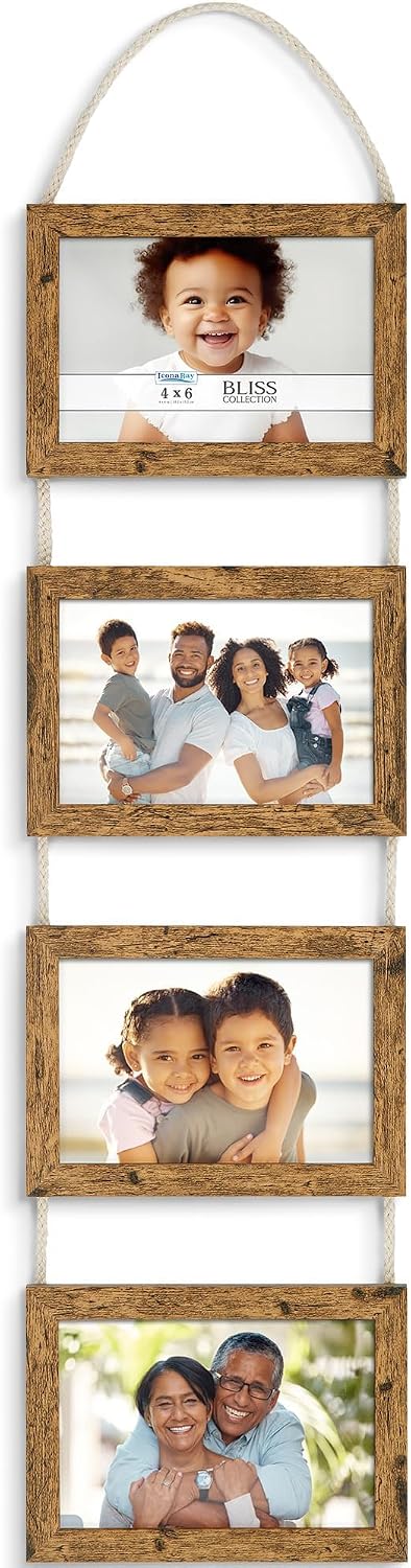 4x6 Wall Hanging Picture Frame 4 Opening Collage, Rustic Brown, Bliss