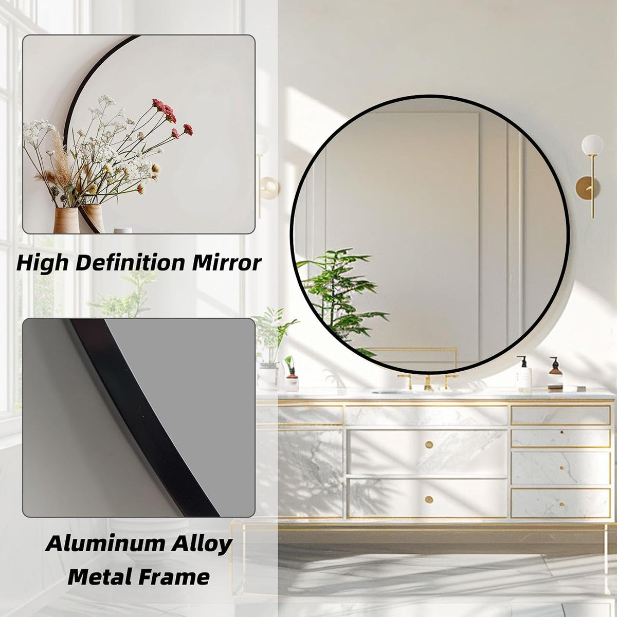 Round Black Mirror 30 Inch, Matte Black Frame, Large Circle Mirror