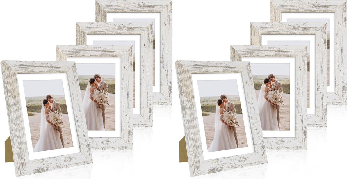 Hongkee 8x10 Picture Frame Set of 4, Made of Real Glass and Rustic Brown Wooden Frame, 8 by 10 Photo for Wall or Tabletop - Display Picture 5x7 with Mat or 8x10 Without Mat