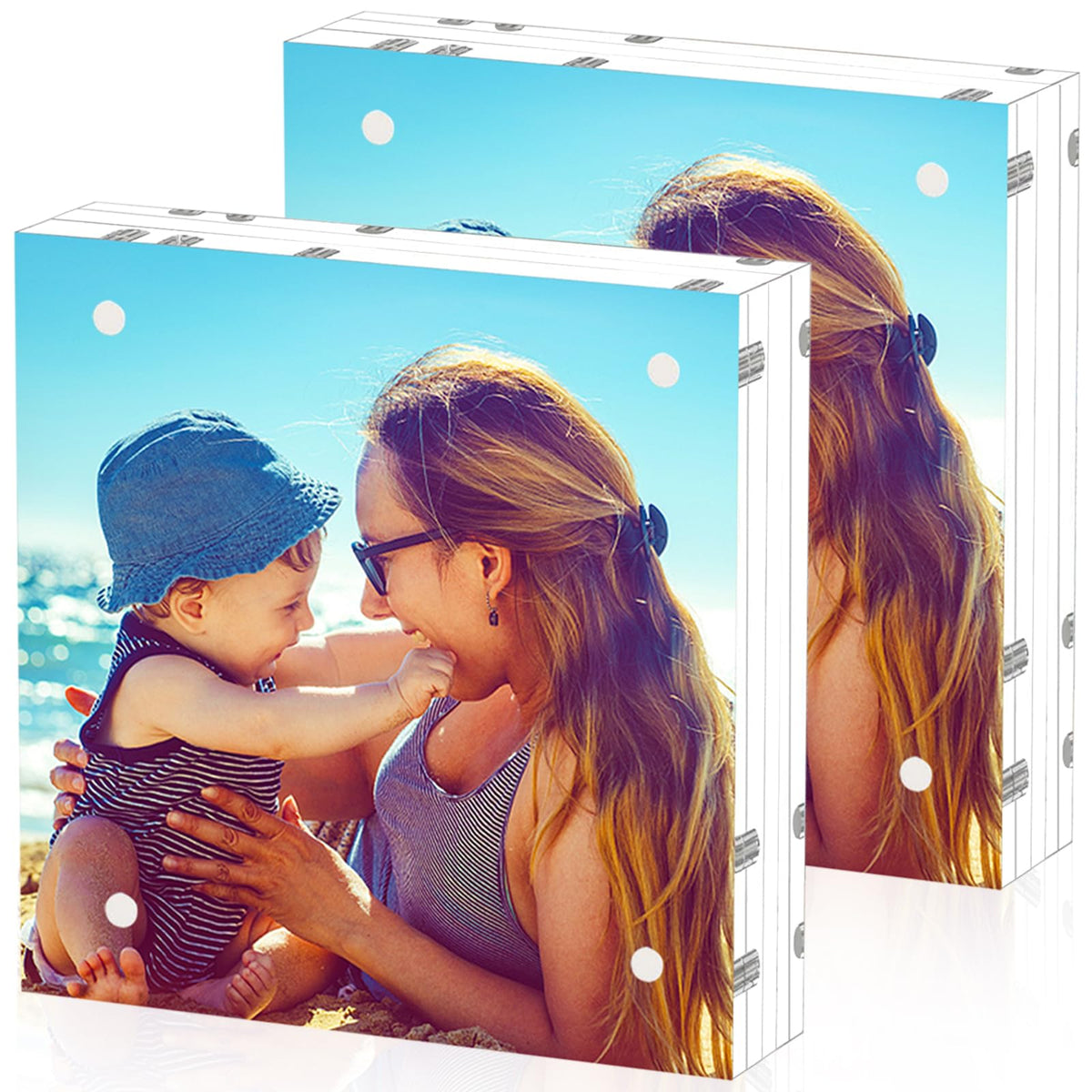 HELPLEX 5 Pack 4x4 Acrylic Picture Frames, 20mm Thicker Frameless Clear Frame Double Sided Magnetic Frame, Free Standing Desktop Display Stand Acrylic Frames