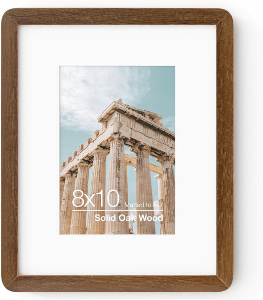 FLYJOE 8x10 Solid Oak Wood Photo Frame | 8x10 Picture Frame With Mat For 5x7 | Plexiglas And Hanging Hardware Included | Walnut Wood (1 Pack)
