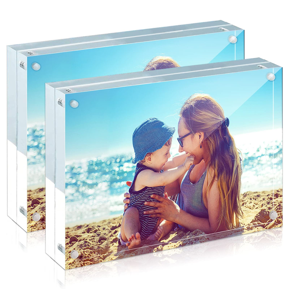 HELPLEX 5 Pack 4x4 Acrylic Picture Frames, 20mm Thicker Frameless Clear Frame Double Sided Magnetic Frame, Free Standing Desktop Display Stand Acrylic Frames