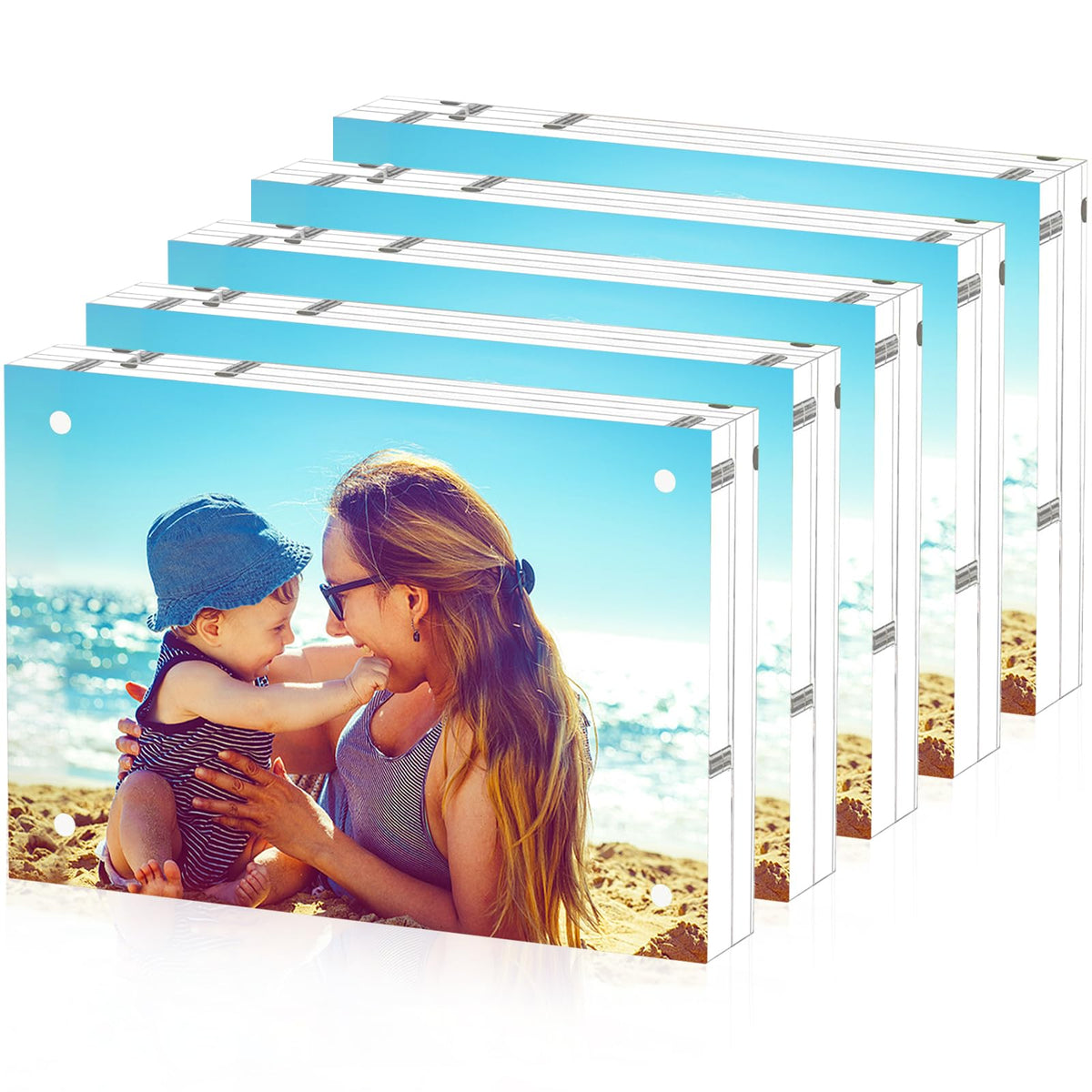 HELPLEX 5 Pack 4x4 Acrylic Picture Frames, 20mm Thicker Frameless Clear Frame Double Sided Magnetic Frame, Free Standing Desktop Display Stand Acrylic Frames