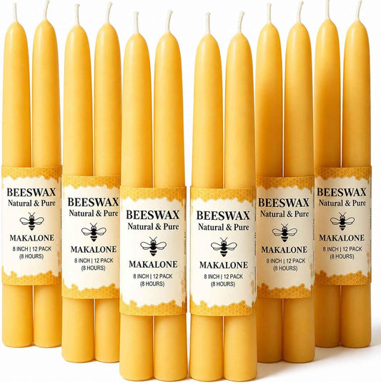 Beeswax Taper Candles,Pure Bees Wax Candle Sticks,8 Inch,12 Pack,Non-Toxic