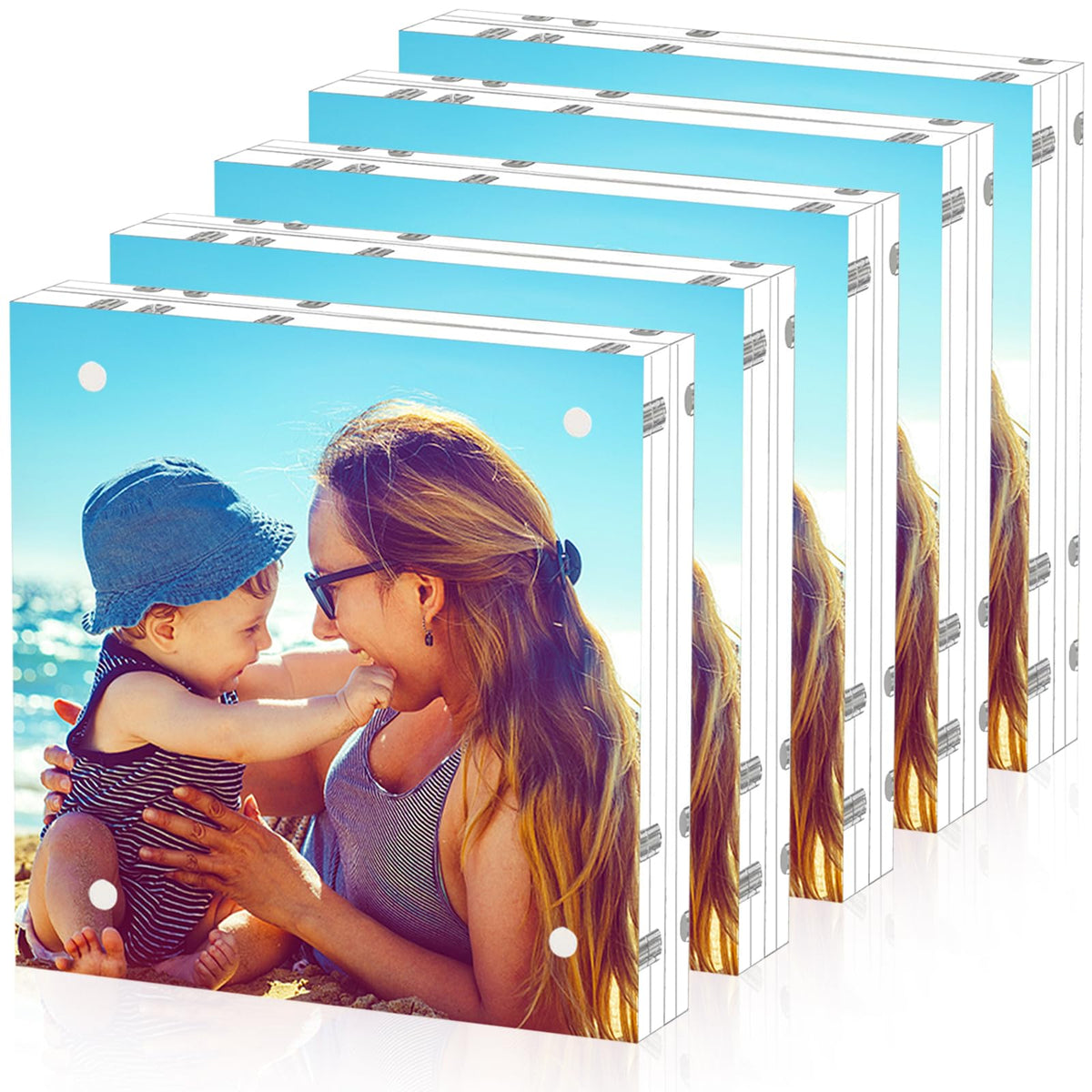 HELPLEX 5 Pack 4x4 Acrylic Picture Frames, 20mm Thicker Frameless Clear Frame Double Sided Magnetic Frame, Free Standing Desktop Display Stand Acrylic Frames
